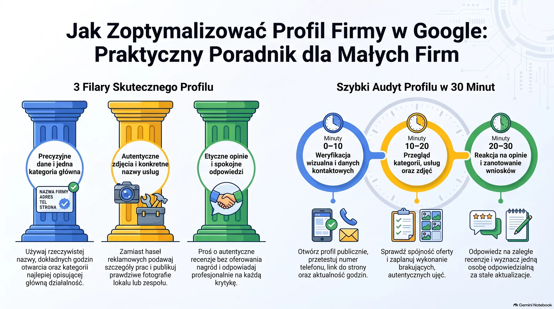 Profil Firmy w Google: trzy filary skutecznego profilu i plan audytu na 30 minut – infografika w języku polskim